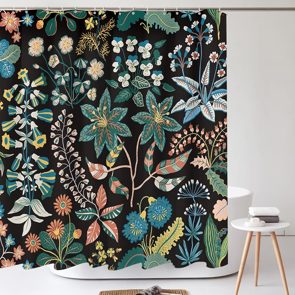 Tititex Boho Rustic Floral Black 140gsm Faux Linen Shower Curtain Sets, Vintage Colorful Succulent Flowers Bathroom Decoration 71x71 Inch with Hooks