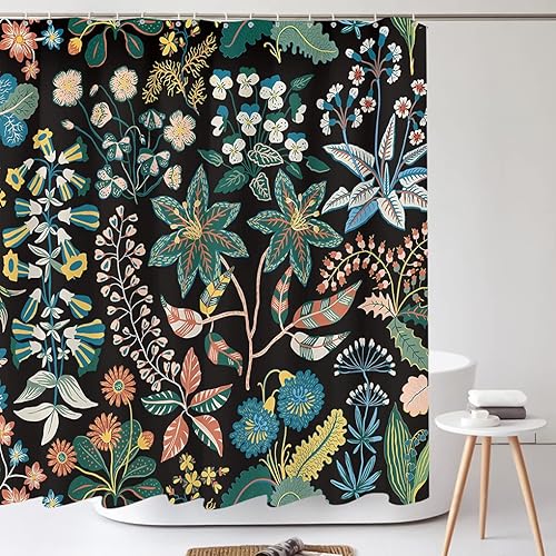 Vista 70 de Tititex Cortina de ducha de lino sintético de 4.94 oz/m², diseño floral azul con hojas doradas con flores, decoración de baño, juego de cortinas