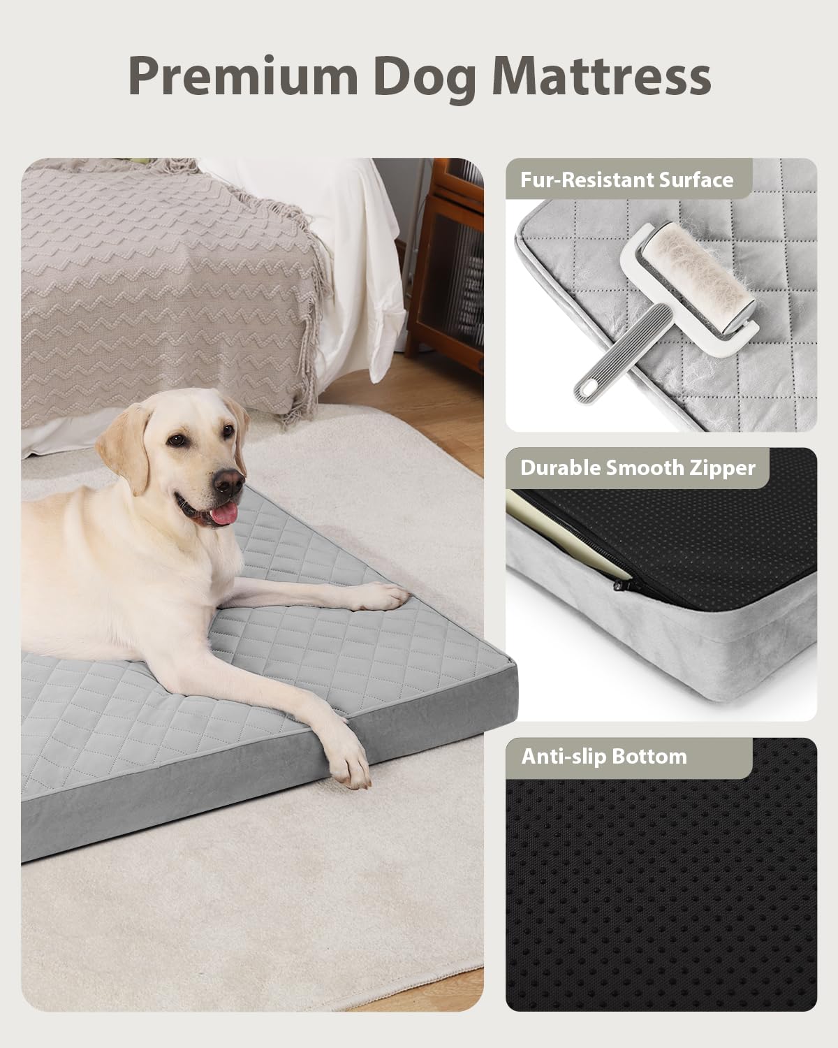 NUPIDA - Cama ortopédica para Perros Grandes, colchón Impermeable con Funda extraíble Lavable y Base Antideslizante, colchón Acolchado para Jaula, 88,9 x 55,9 cm, Gris Claro