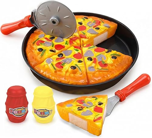 Juego de 11 piezas de juguetes de fiesta de pizza para niños, pastel de pizza, comida de juego de simulación - Rebanar y servir cocina de plástico