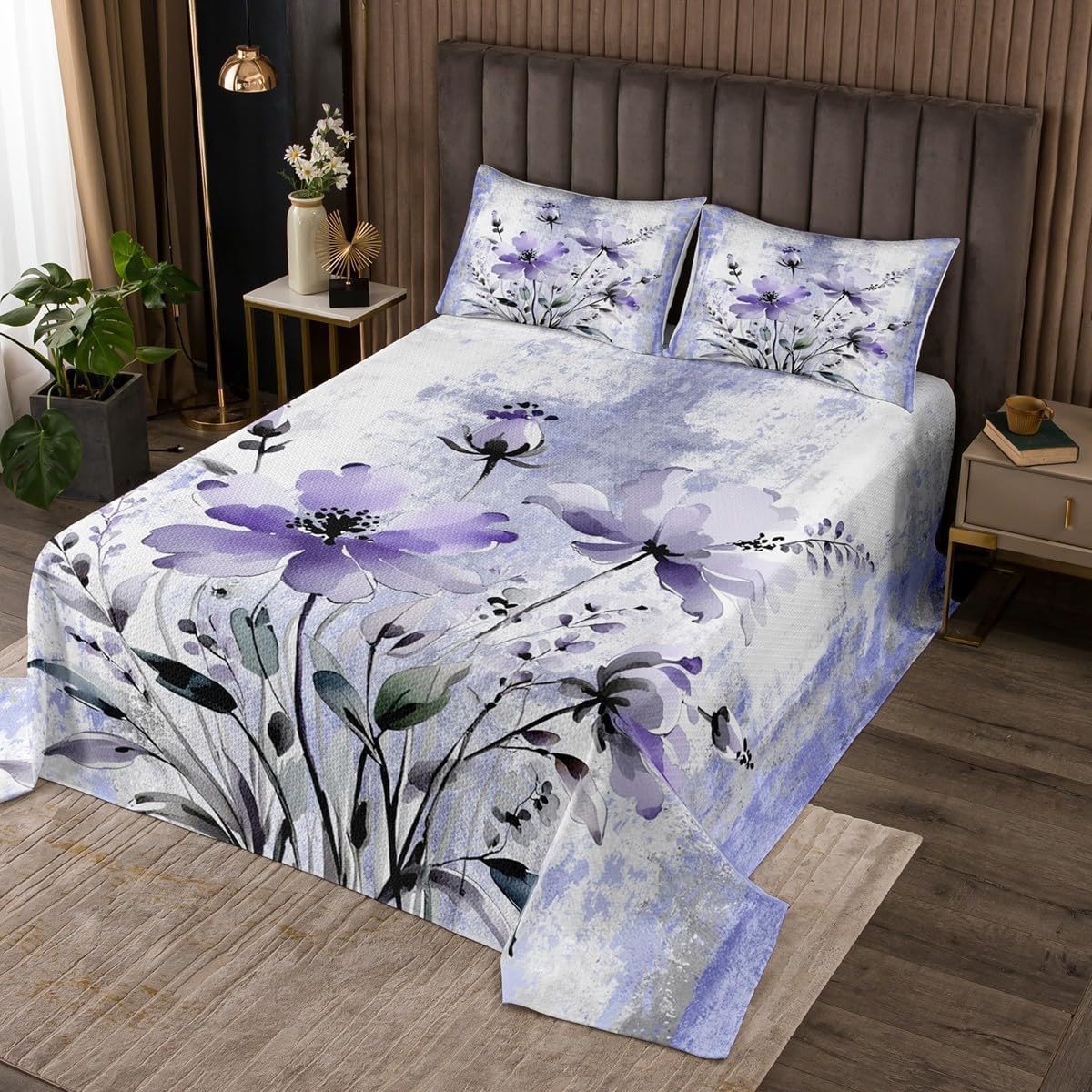 Erosebridal Floral Flowers Twin Bedspread Set, Rustic Farmhouse On Country Soft Quilt Set for Bedroom, Farm Purple Coverlet Set & Bedspread for Girls Lady Women, Oil Painting Quilt Bedding Sets