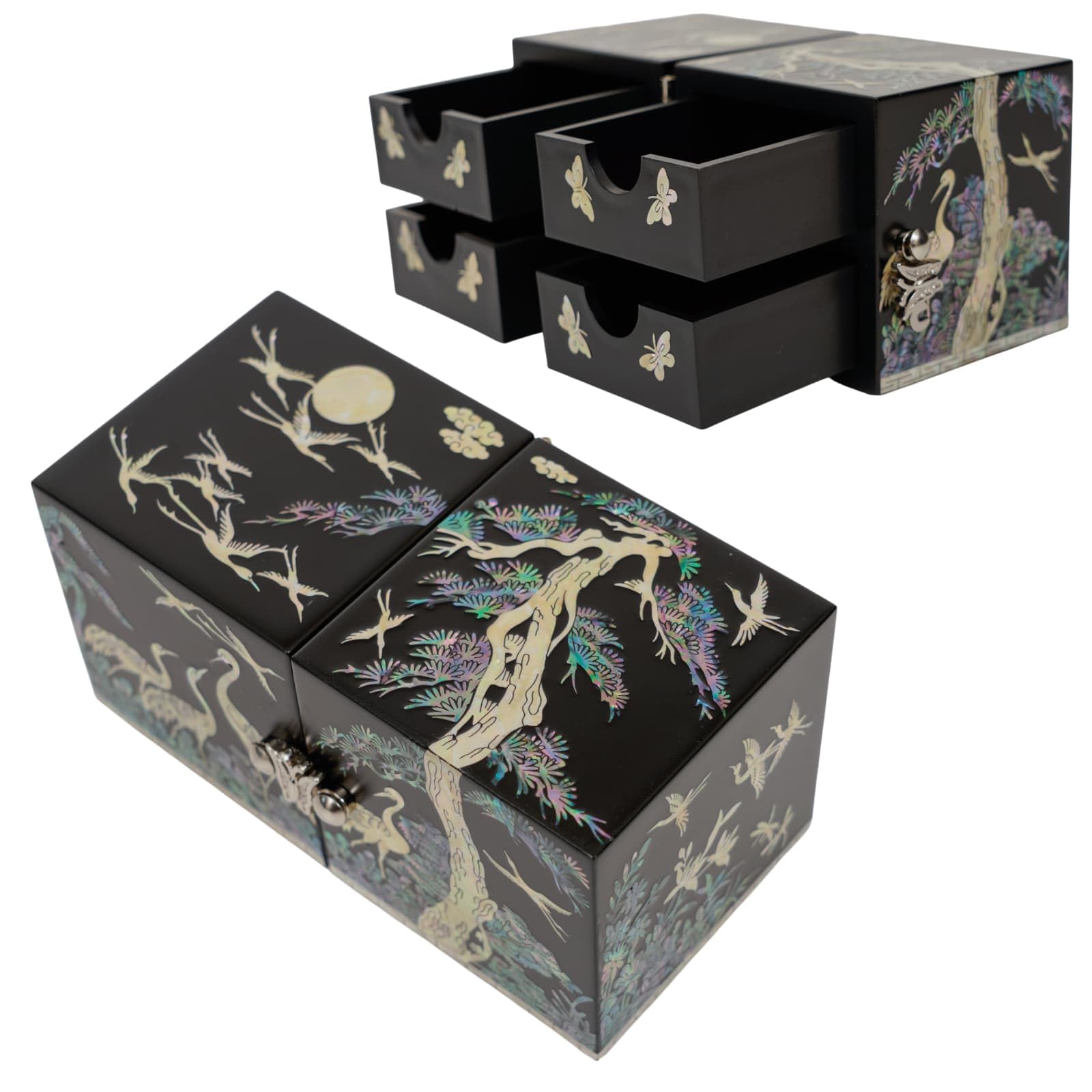February Mountain Scatola a cubo in madreperla coreana, realizzata a mano, in legno, con chiusura a farfalla, design con gru o farfalla, scatola regalo di lusso per conservare i ricordi