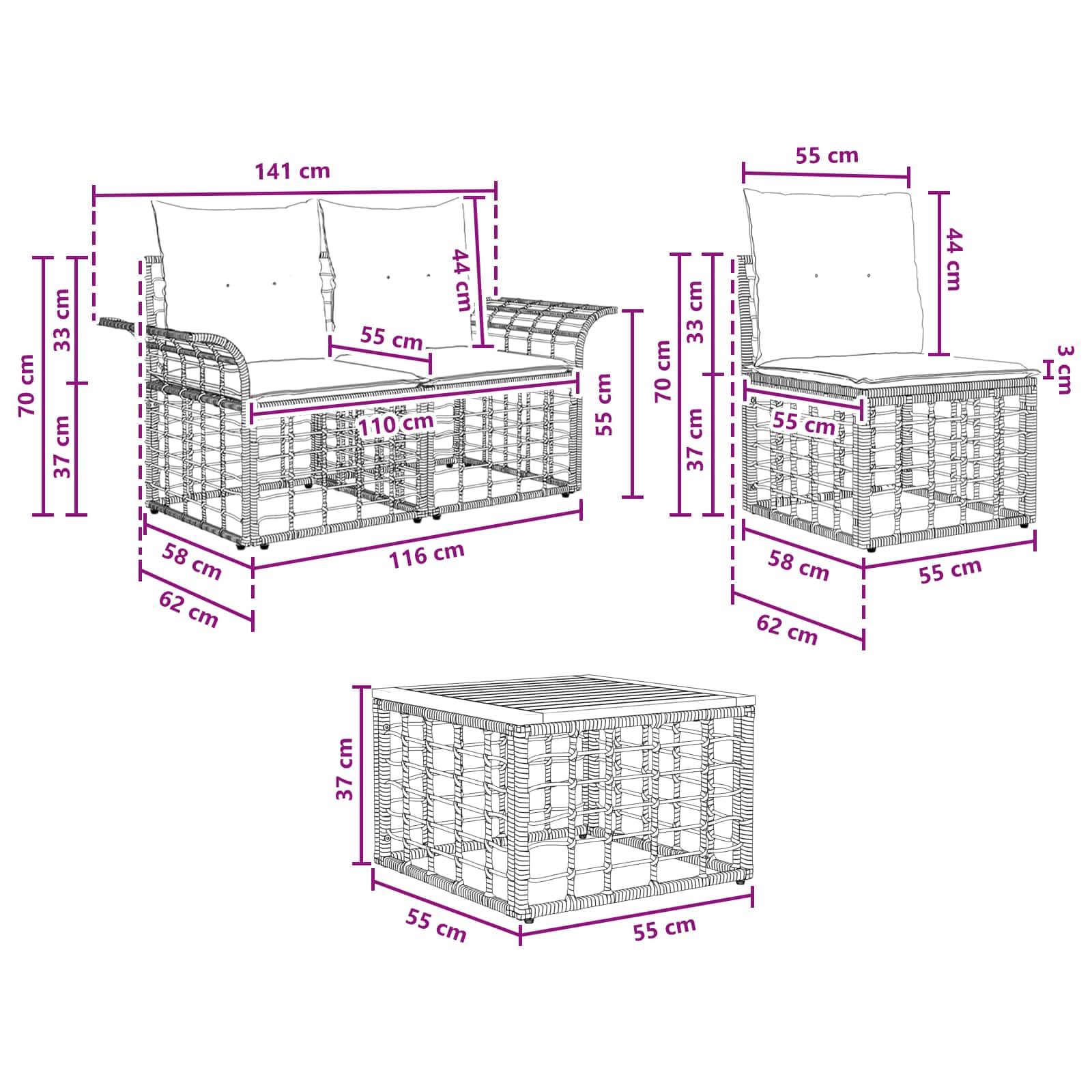 Set di 8 divani da giardino in polyrattan, colore nero | Divani modulari in rattan per giardino e terrazza con tavolo in legno di acacia e comodi cuscini lavabili.