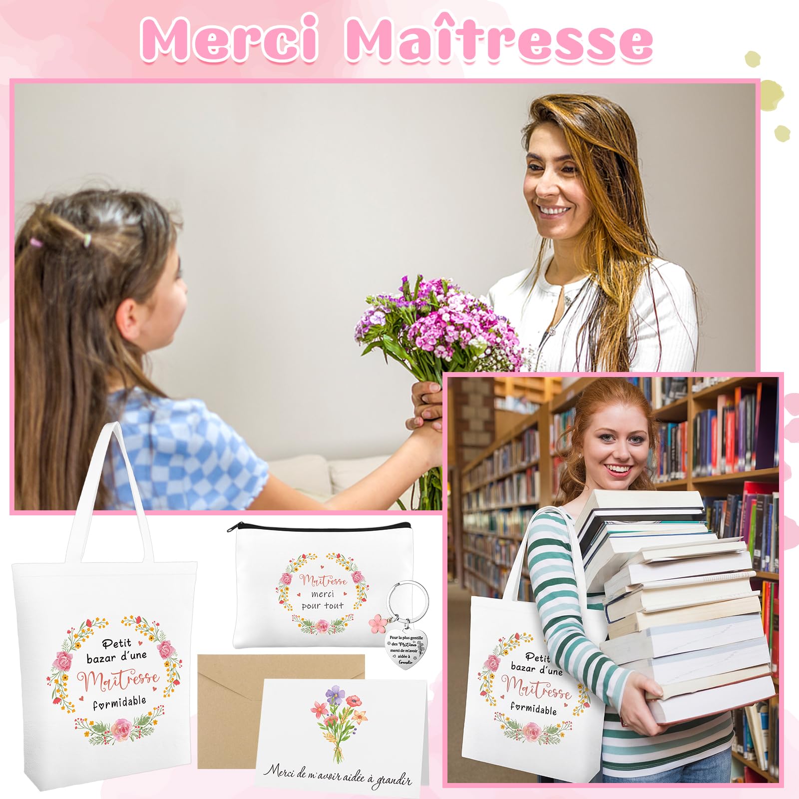 Sac en Coton Trousse de Toilette Porte-clés Carte de Vœux Set 4 Pièces Cadeau pour Maitresse Institutrice ATSEM AESH Fin d'Année
