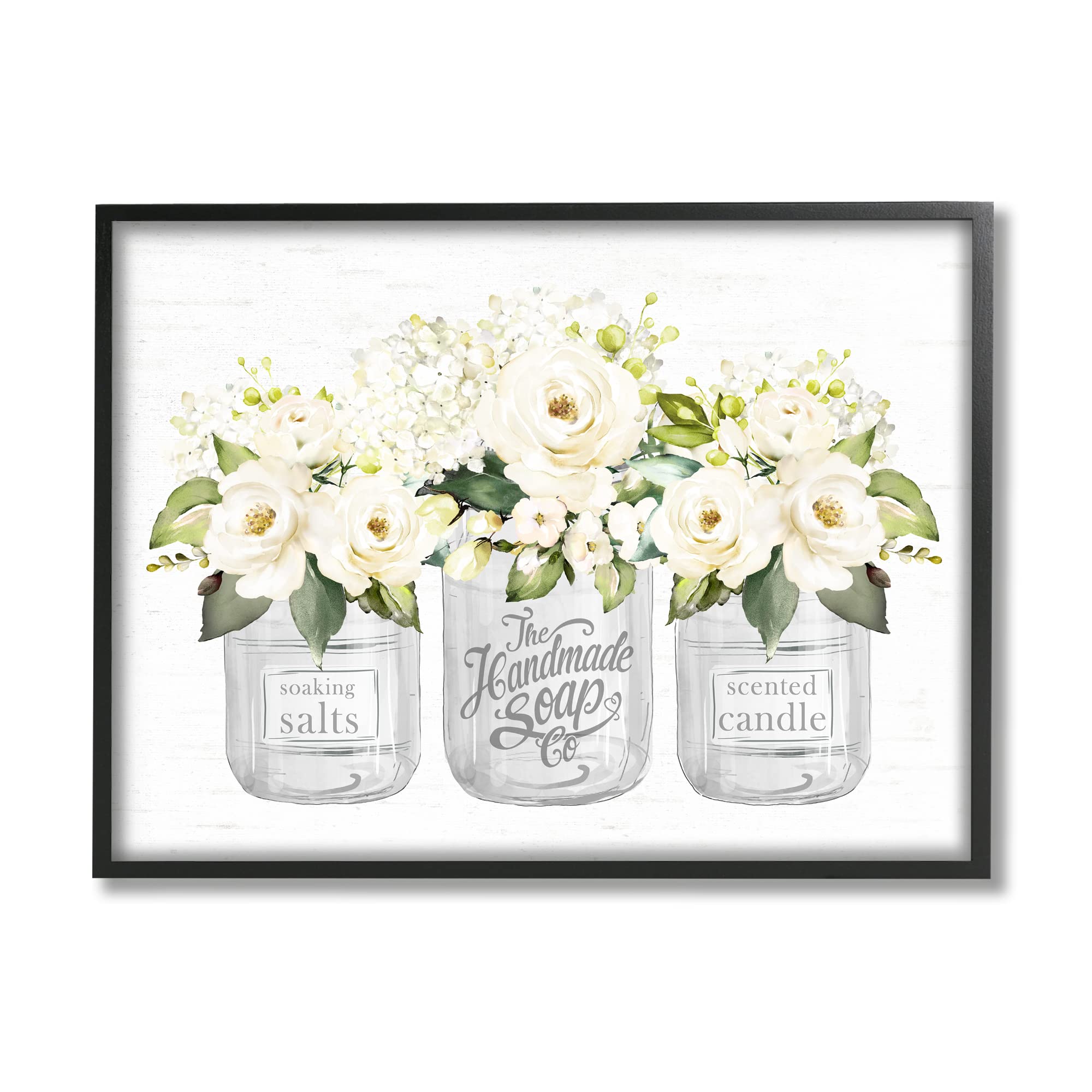 Stupell Industries White Roses Blooming Country Rustic Candle Jars, Design by Lettered and Lined, Black Framed, 14 x 11