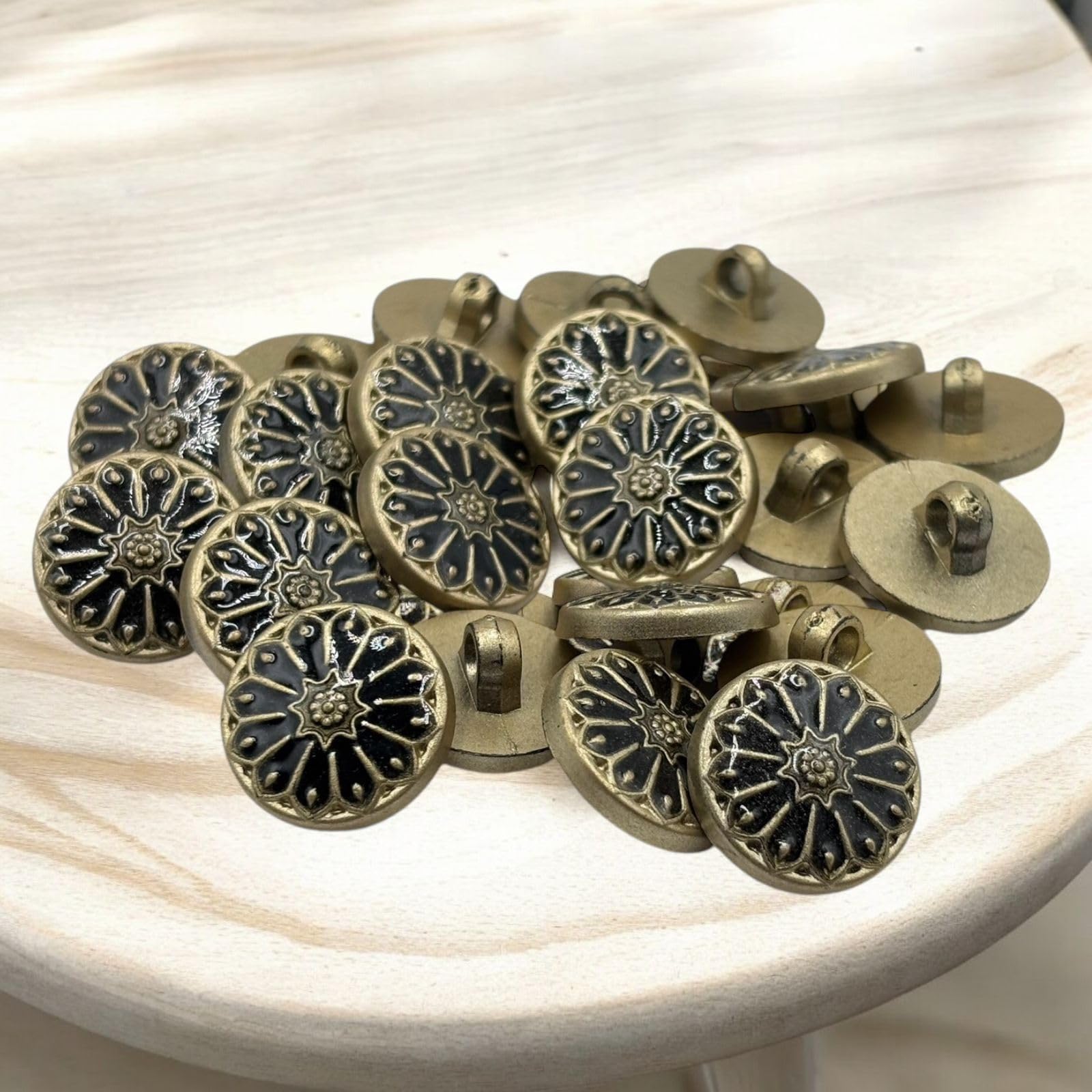 REENA Indo Western Gold Wheel Carving Designer Buttons - 10 Pc Beautiful Round Fancy Synthetic Black Resin PVC Material for Coats, Shirts, Blazers (Black Gold)