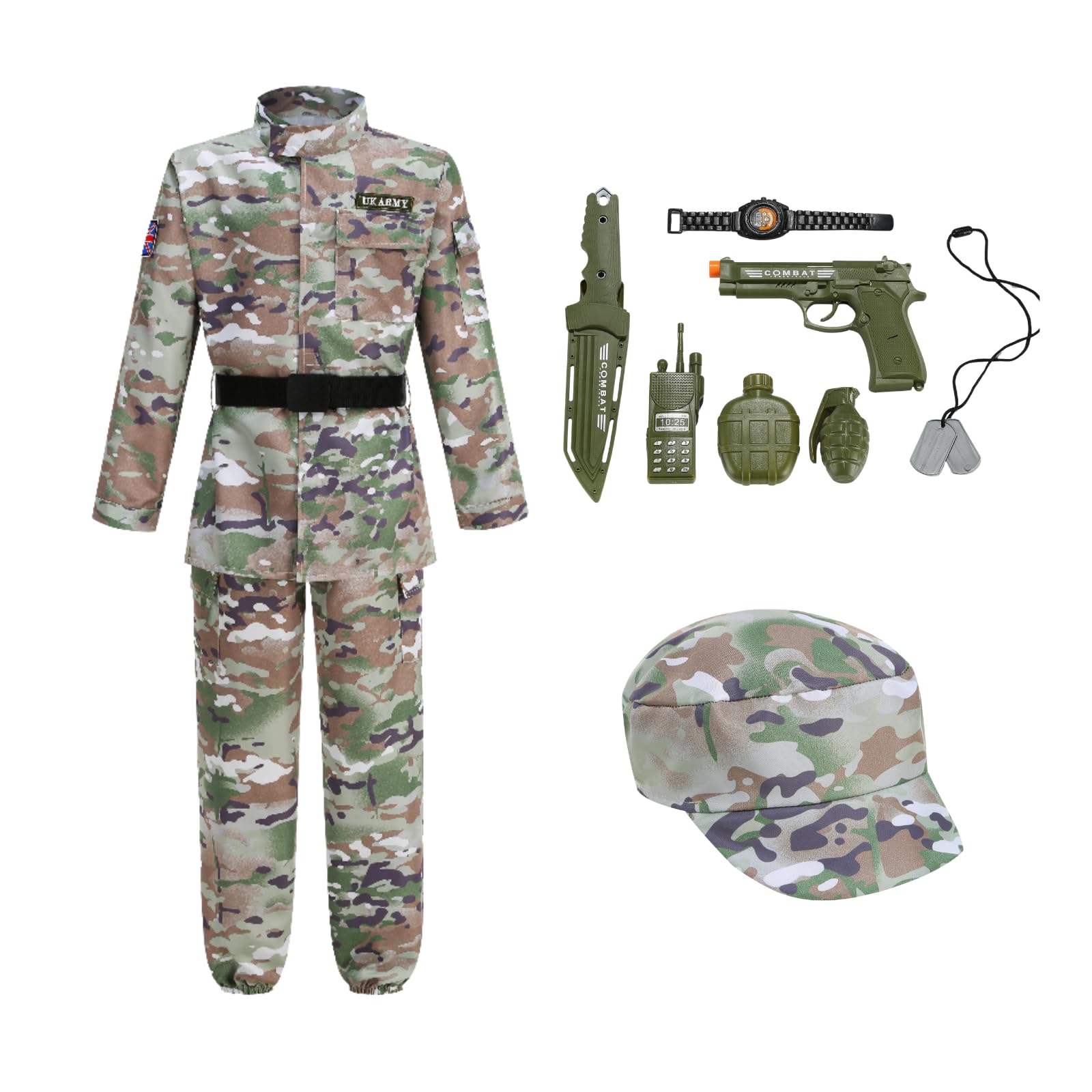 DELIVESS Kids Army Costume Long sleeve Halloween Party Military Soldier Dress up Boys Costume 11 PCS (Green, 4-6Y)