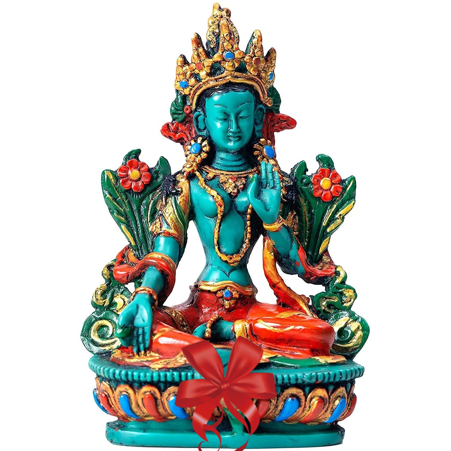 Juccini Buddha Meditation Statue ~ Indoor, Outdoor, Garden Buddha Decoration ~ 6" Colorful Spiritual Figurines for Home & Office ~ Hand Painted in Nepal (Green Tara)