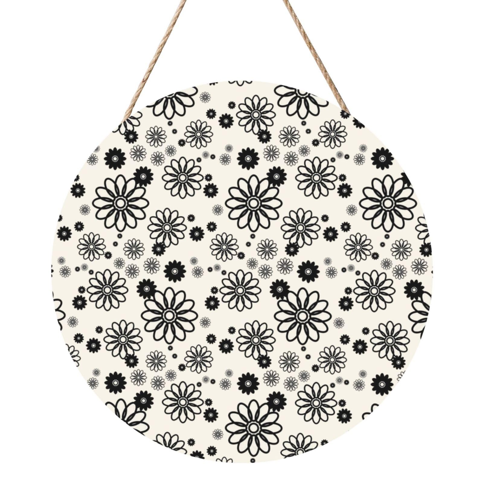InOmak Black Flower Geometric Pattern, Round Wood Panel Painting 12 in, Wall Hanging Painting For Home