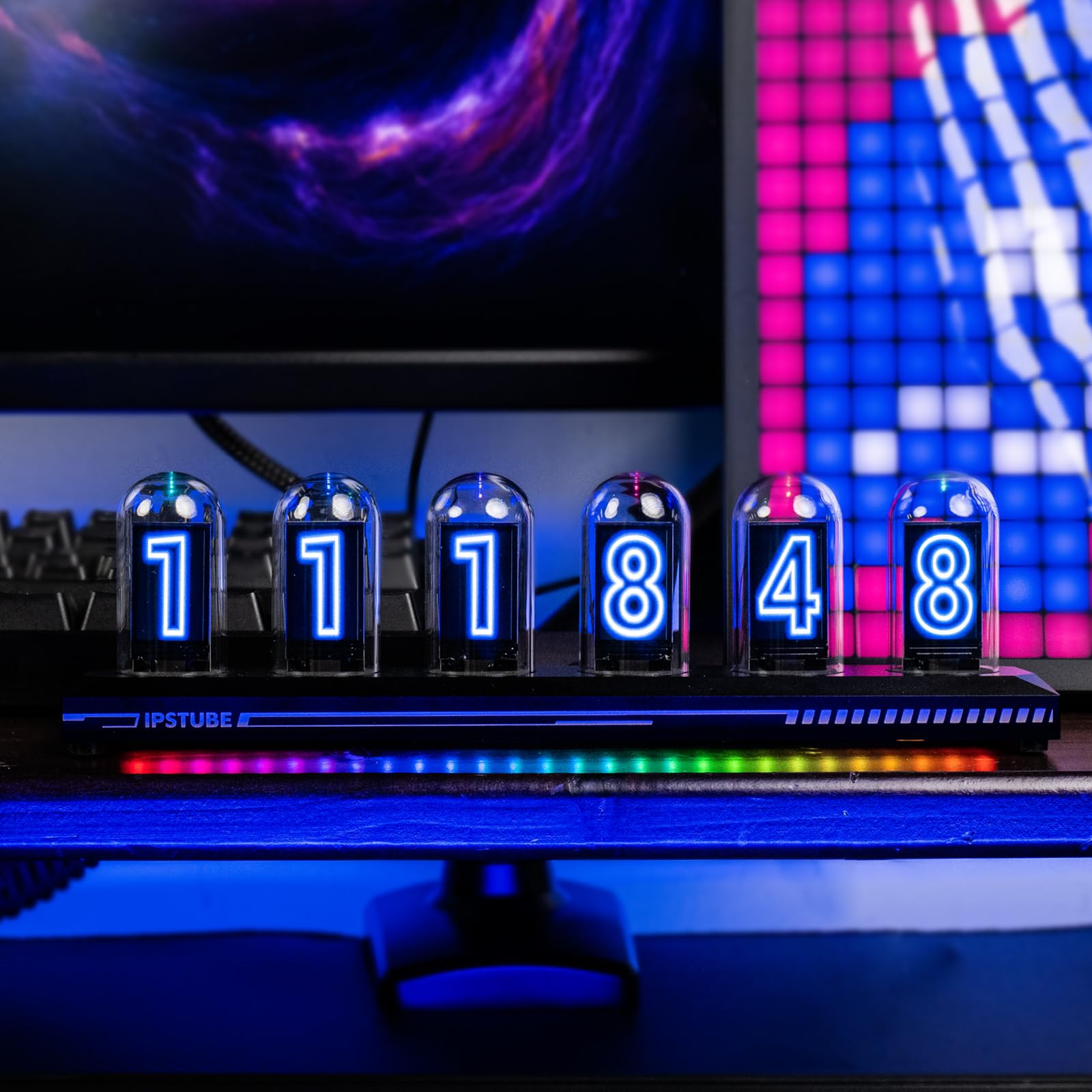 Horloge Nixie Tube LED RGB - 6 Tubes IPS Personnalisables, Horloge Digitale Murale avec Calendrier Numérique et Météo, Réveil Connecté WiFi, Cadeau High-Tech Décoration Bureau Chambre