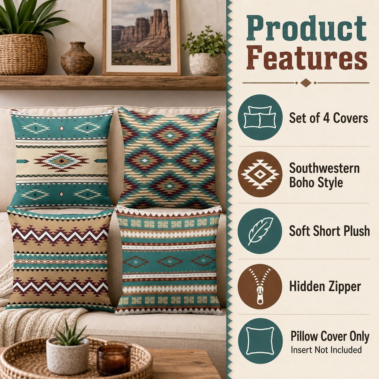 Set of 4 Brown Turquoise South Western Ethnic Throw Pillow Covers Tribal Native Seamless Pattern Decorative Pillow Cases Home Decor Standard Square Pillowcases (18" x 18" (Pack of 4))