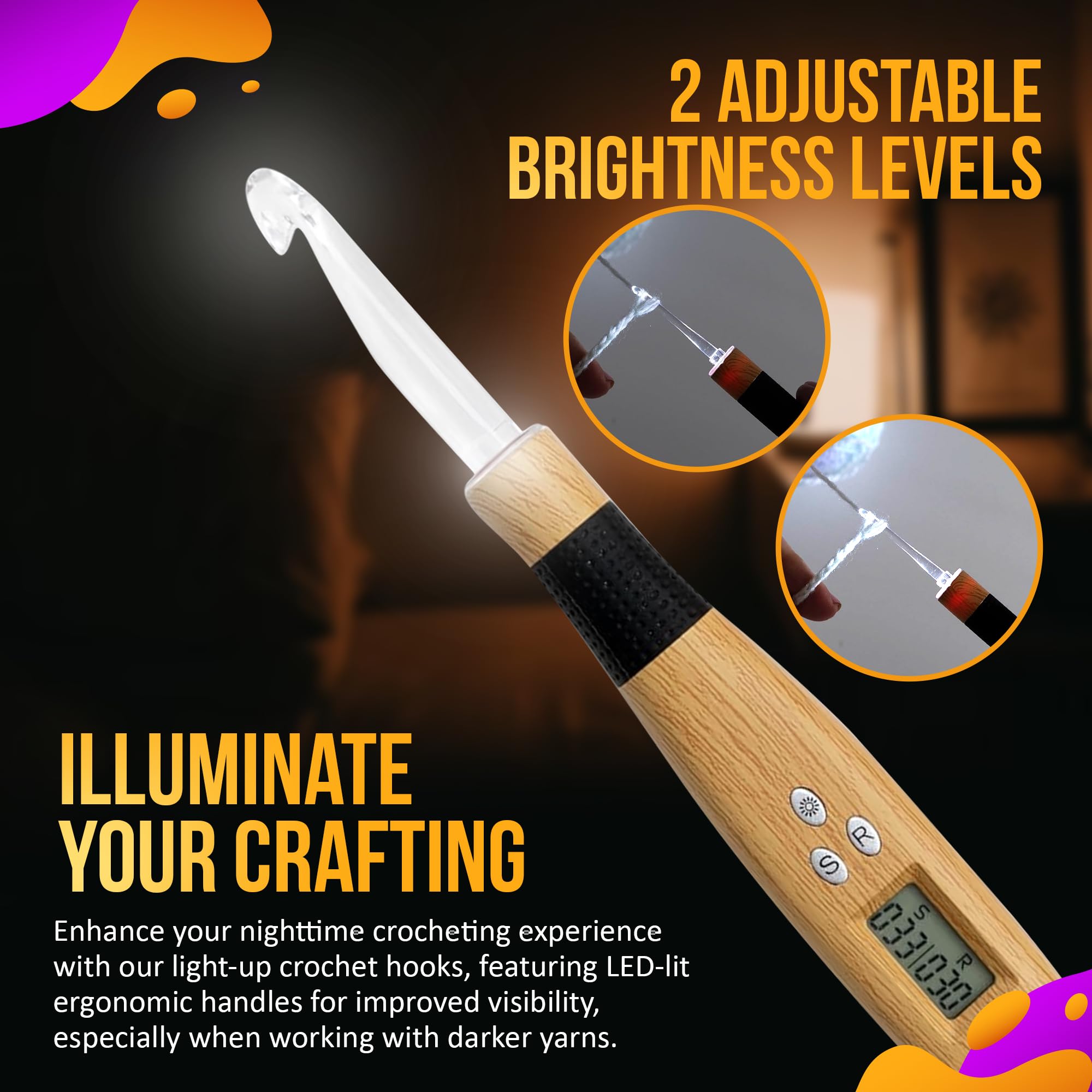Easy Crochet 18-Piece Lighted Crochet Hook Set, Digital Row & Stitch Counter, Rechargeable LED Handle - Image 3