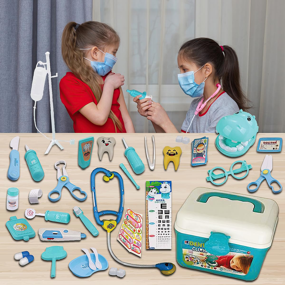 Koolbitz 38Pcs Dentist Toys for Kids Pretend Doctor Set including Dentist Kit and Dental Play Case, Hippo Teeth Model - Image 7