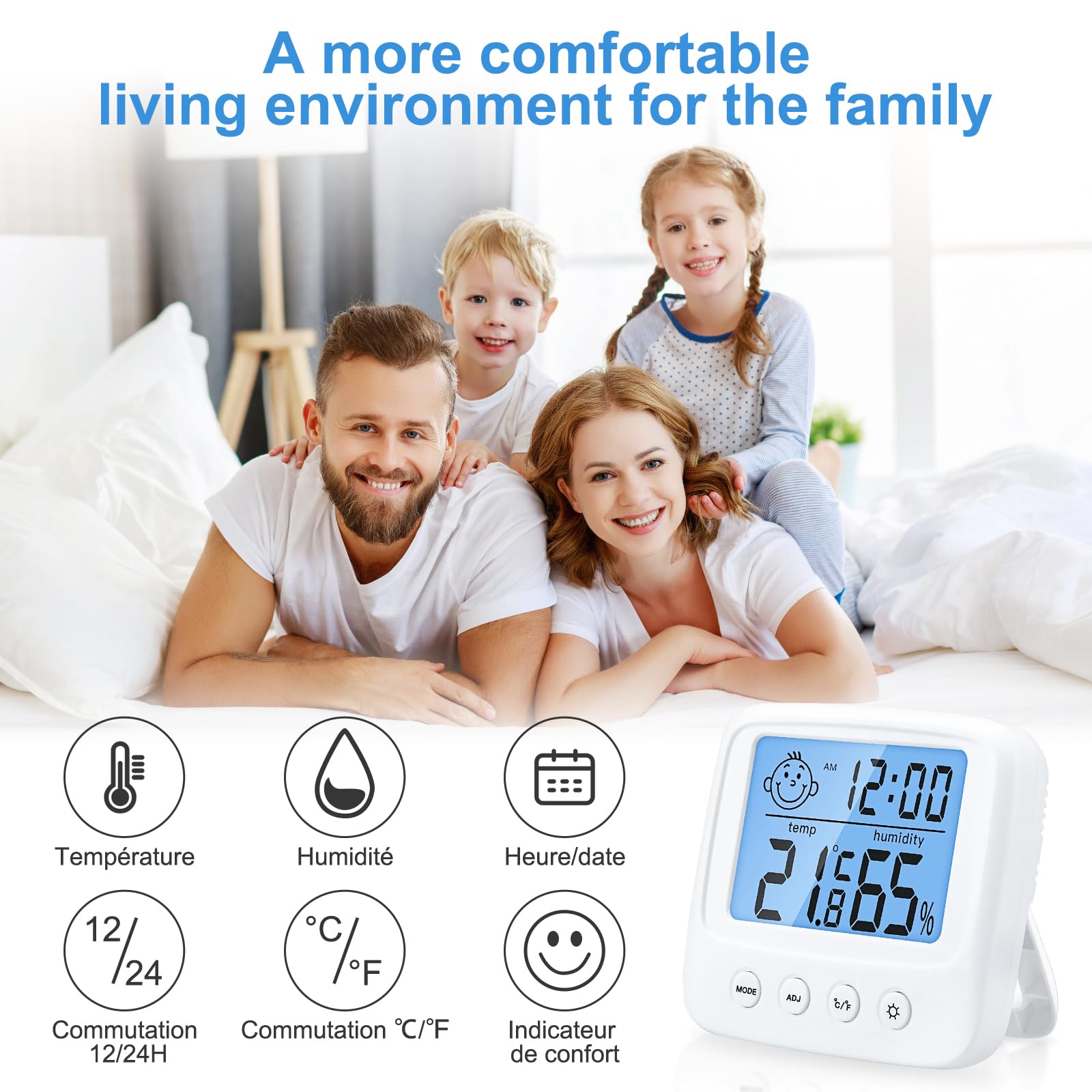 Vinabo High Accuracy Digital Thermometer Hygrometer Indoor Digital Hygrometer Desktop Digital Thermometer with Temperature and Humidity Monitor Backlight Clock — view 7