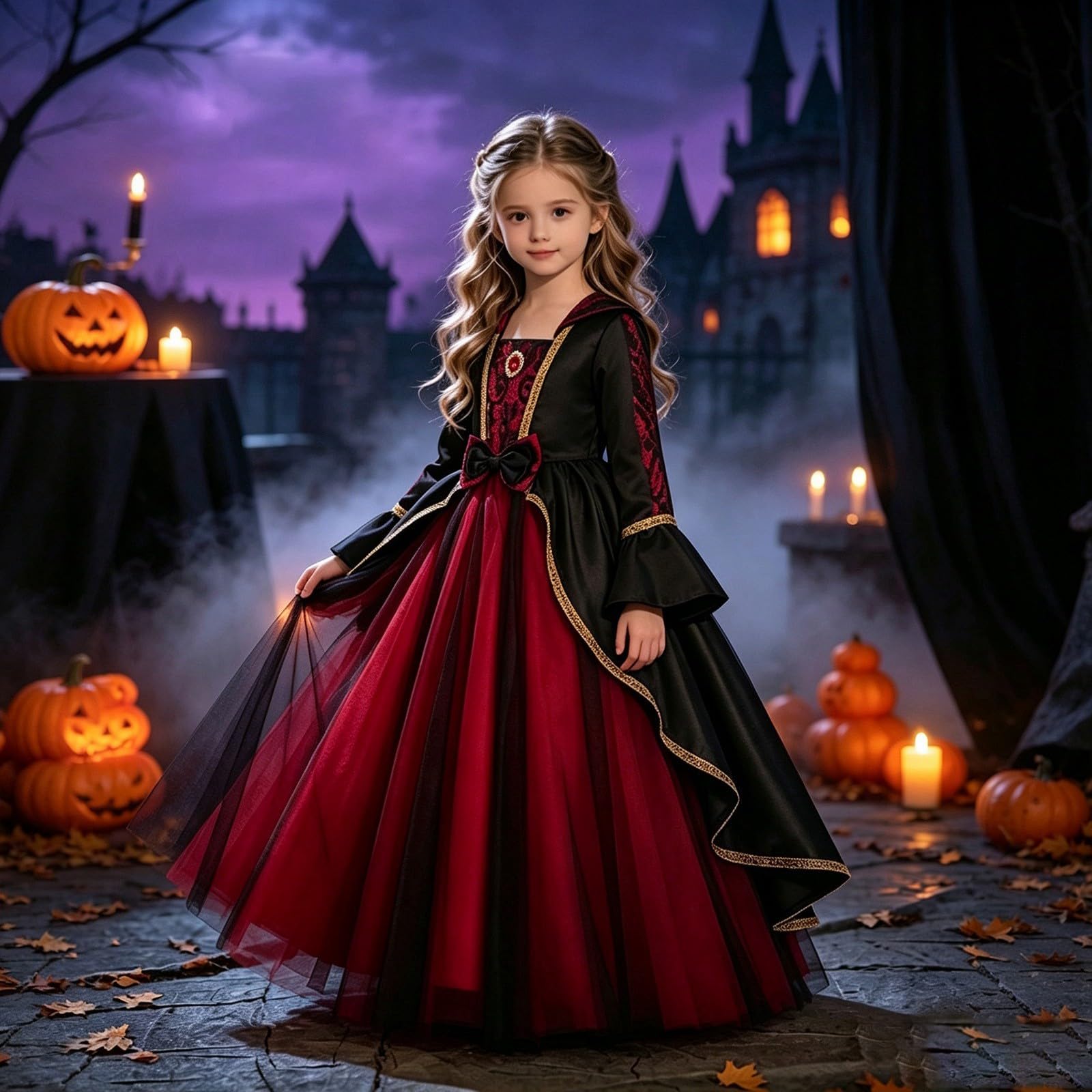 Générique Abito da ragazza gotico a maniche lunghe, costume di Halloween per bambini, abito da strega per feste in costume.