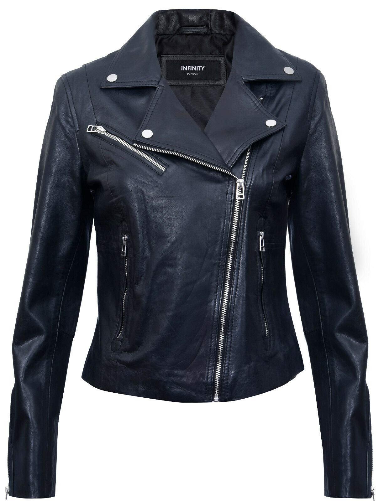Infinity Leather Women's Black Real Leather Fitted Vintage Biker Style Zip Fashion Jacket 2XL