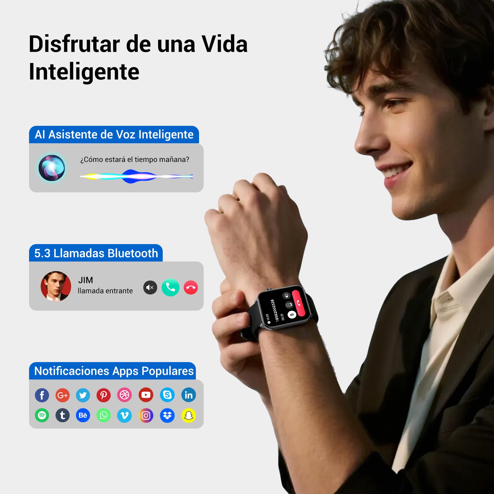 Reloj Inteligente Hombre Mujer, Smartwatch Hombre con Linterna y Llamadas Bluetooth, Smart Watch con 2 Correas, Notificación, Podómetro, Pulsómetro, 100+ Modos Deportivos, Smartwatch para Android iOS