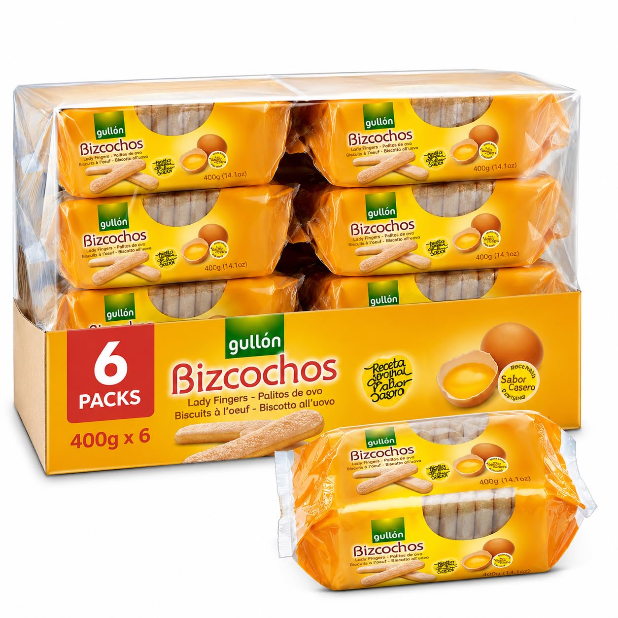 Gullón Bizcochos Lady Fingers 400g x 6 Packs | Bizcochos Tradicionales con Huevo | Perfectos para Tiramisú, Postres y Café