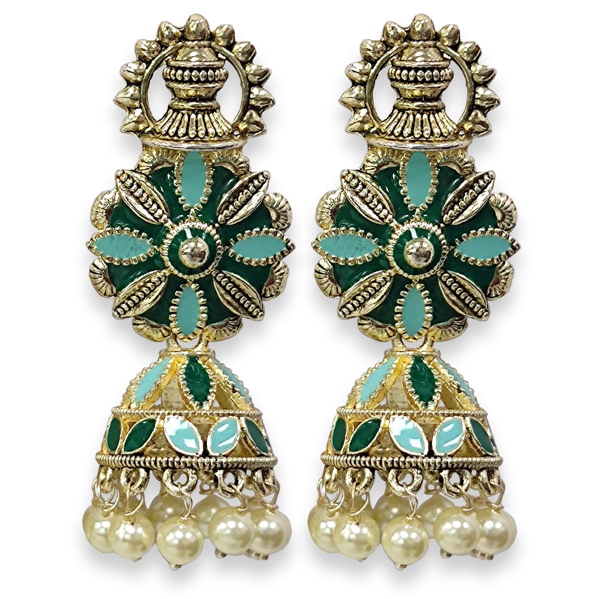 Karatcart Gold Plated Floral Design Green and Light Blue Meena Jhumki Earrings for Women