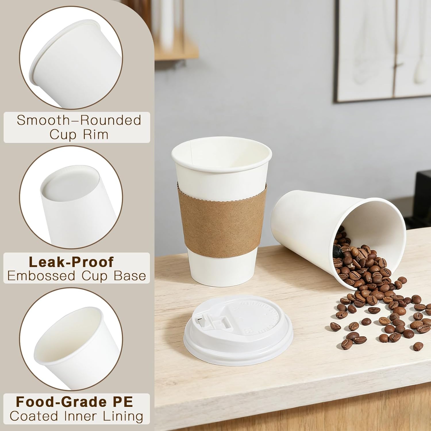 120 Pack 12 oz Paper Coffee Cups Set, Disposable White Coffee Cups with Lids, Sleeves and Stirring Sticks, Fit For Cold and Hot Drinks - Image 3