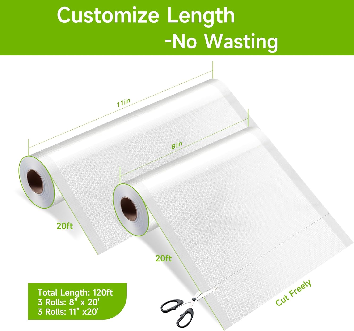 Vixino Vacuum Sealer Bags for Food, 6 Pack 3 Rolls 11" x 20' + 3 Rolls 8" x 20' Commercial Grade Vacuum Seal Bags Rolls, BPA Free, Customizable Size for Sous Vide, Freezer