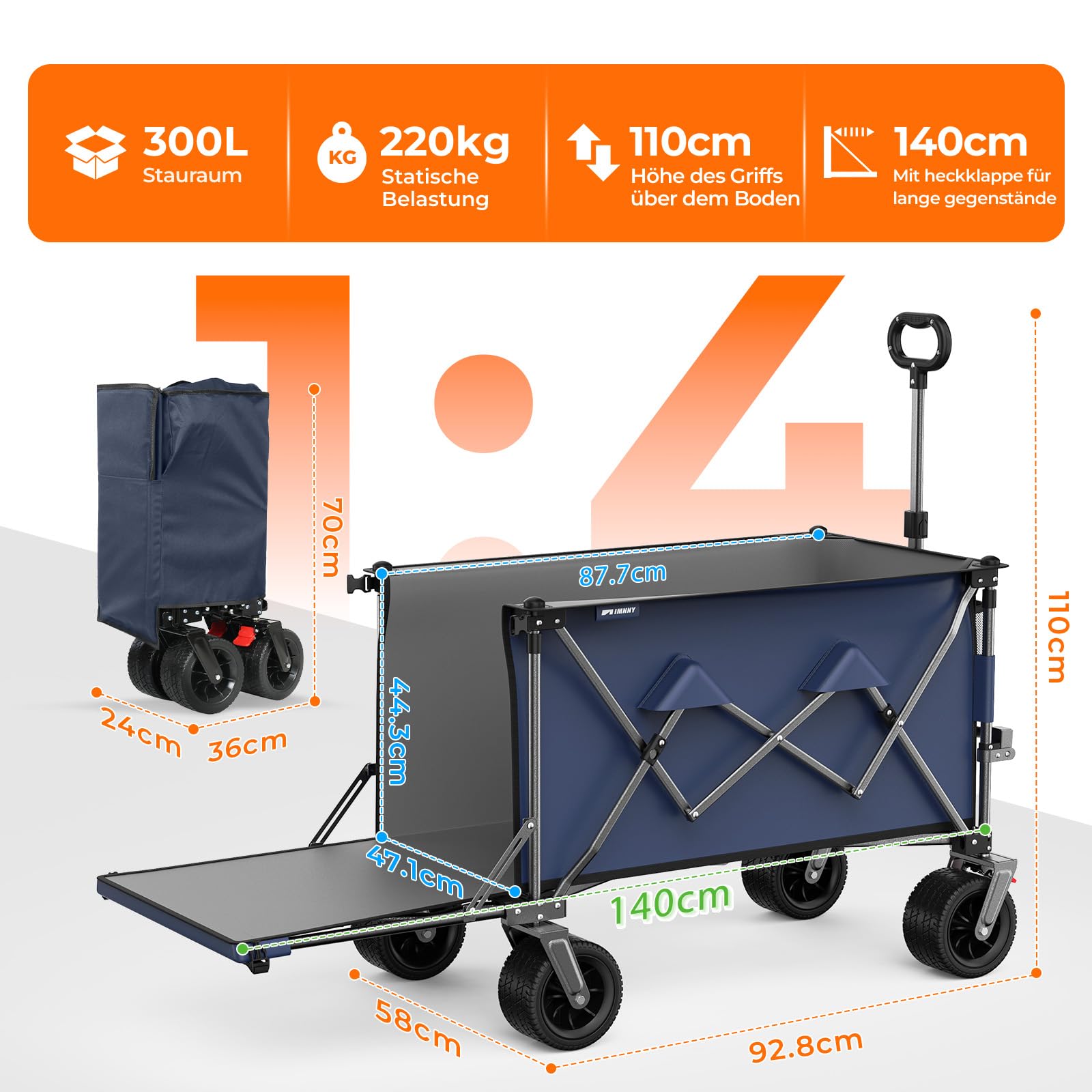 Chariot Pliable 300L (200+100L) avec Hayon Rabattable 140cm, Roues Tout-Terrain Extra Larges 17x10cm, Chariot de Plage Compact pour Camping Jardin Courses (Bleu Gris)