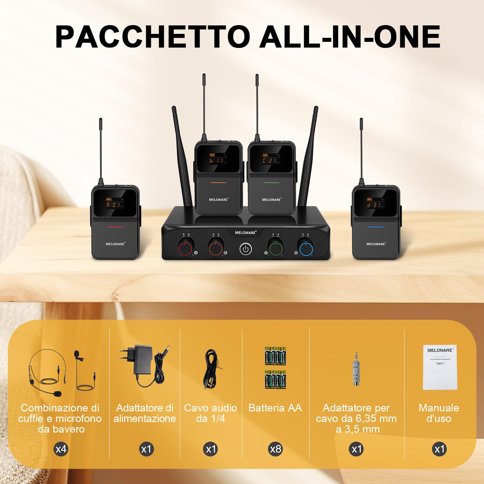 MELONARE Sistema microfonico wireless UHF a 4 canali con 4x10 frequenze, portata di 200 piedi, 4 bodypack e microfoni per cuffie/lapelle per canto, chiesa, conferenza (MWM-41-4B)