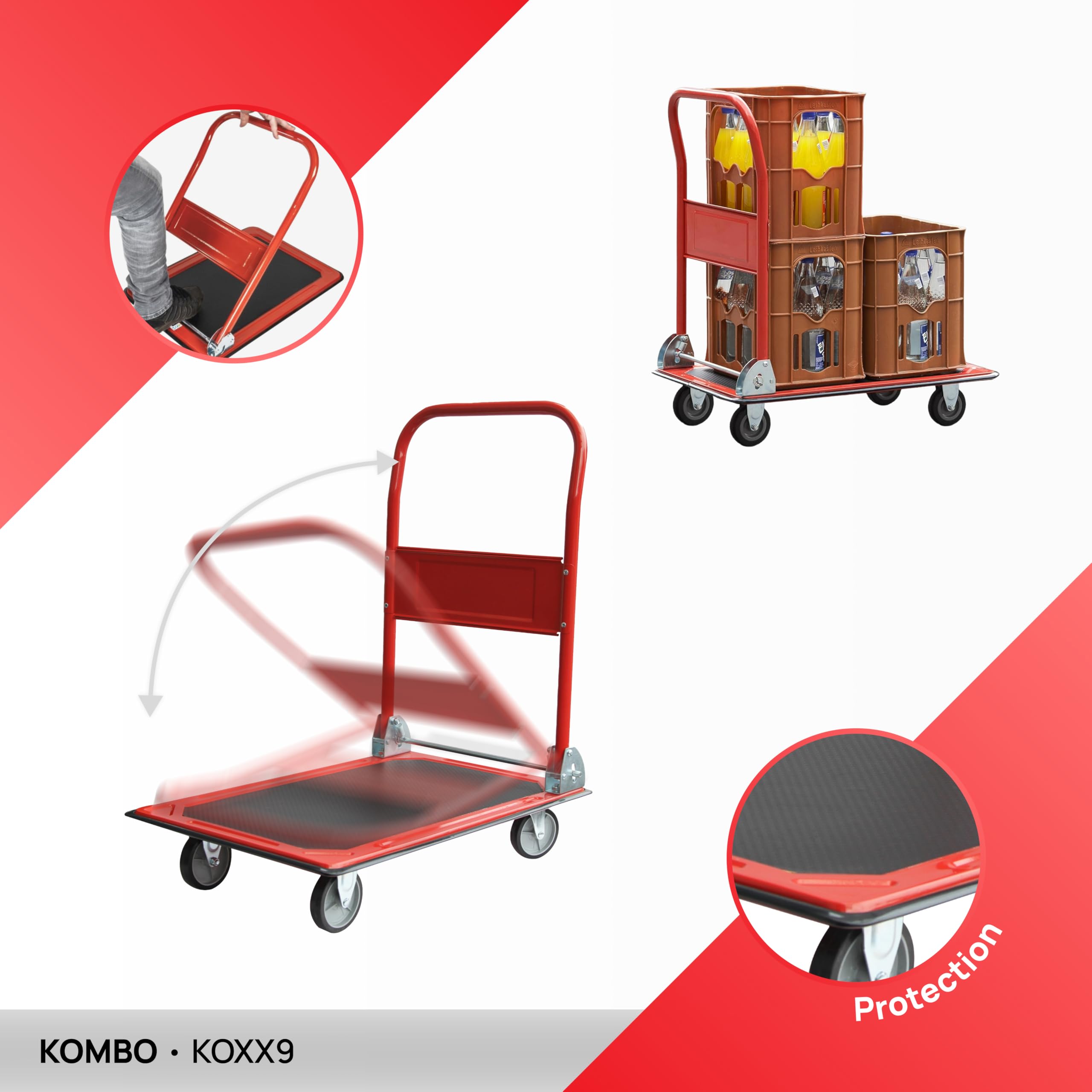 KOMBO Carro con ruedas portatodo plegable con plataforma de acero y protector de esquinas de PVC – Carga 150 kg, ruedas giratorias, asa abatible, ideal para transporte de mercancías y almacén