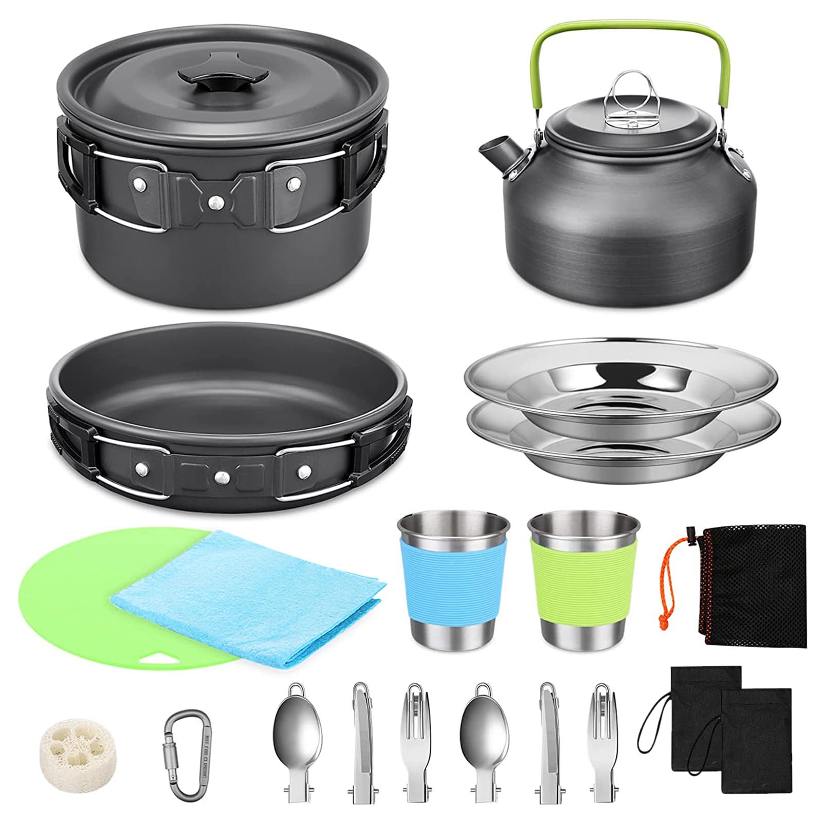Set di 22 pentole da campeggio, pentola portatile da cucina all'aperto con teiera antiaderente leggero attrezzatura da picnic, per 2 3 persone escursionismo zaino in spalla