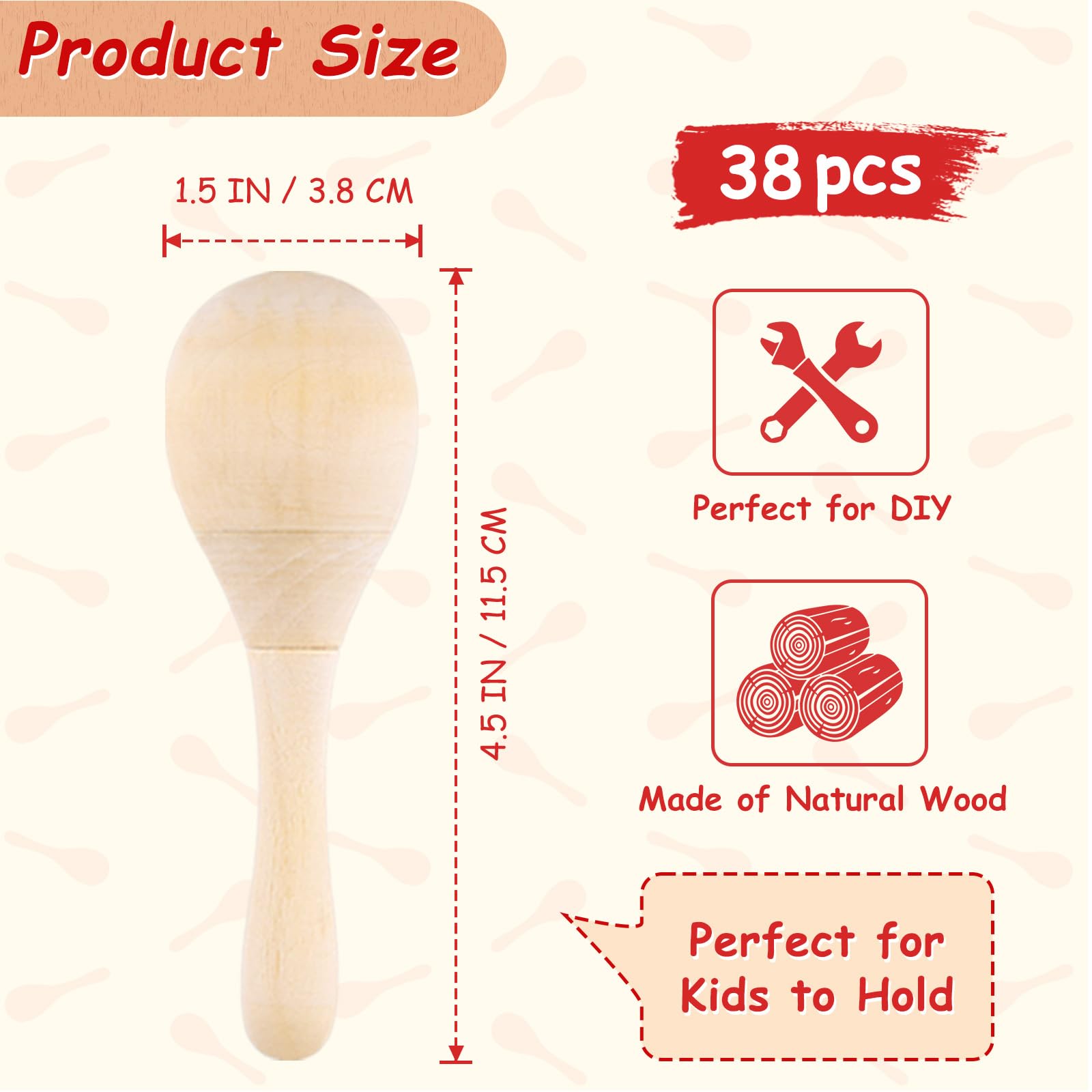 Morcheiong 38 Piezas Maracas de Madera para Niños, Fiesta Mexicana, Cinco de Mayo, con Bolígrafos Multicolor y Bolsa