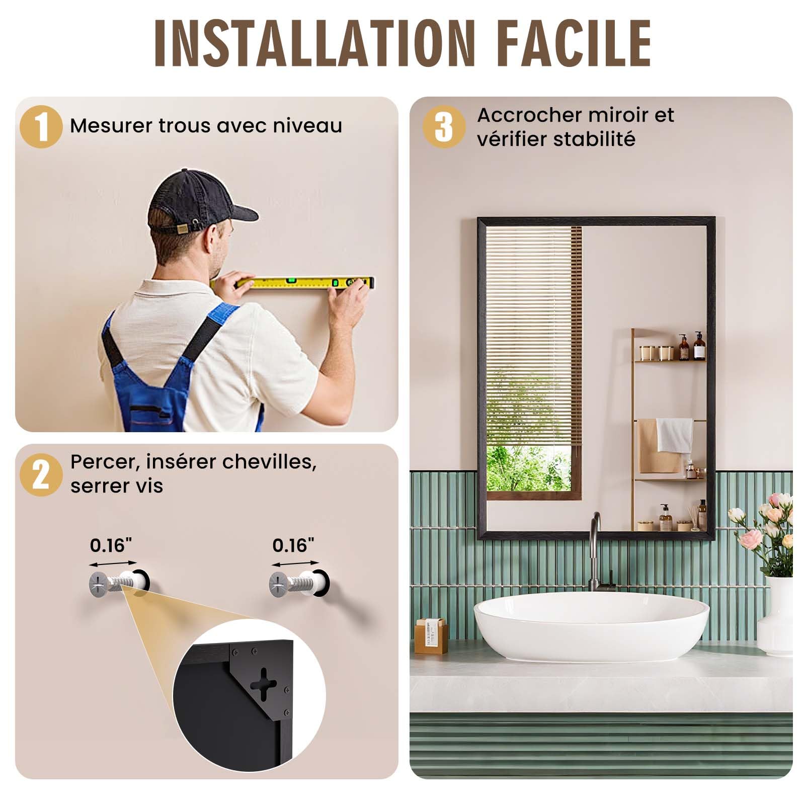 Snowdool Miroir avec bordure rectangulaire 45 x 65 cm