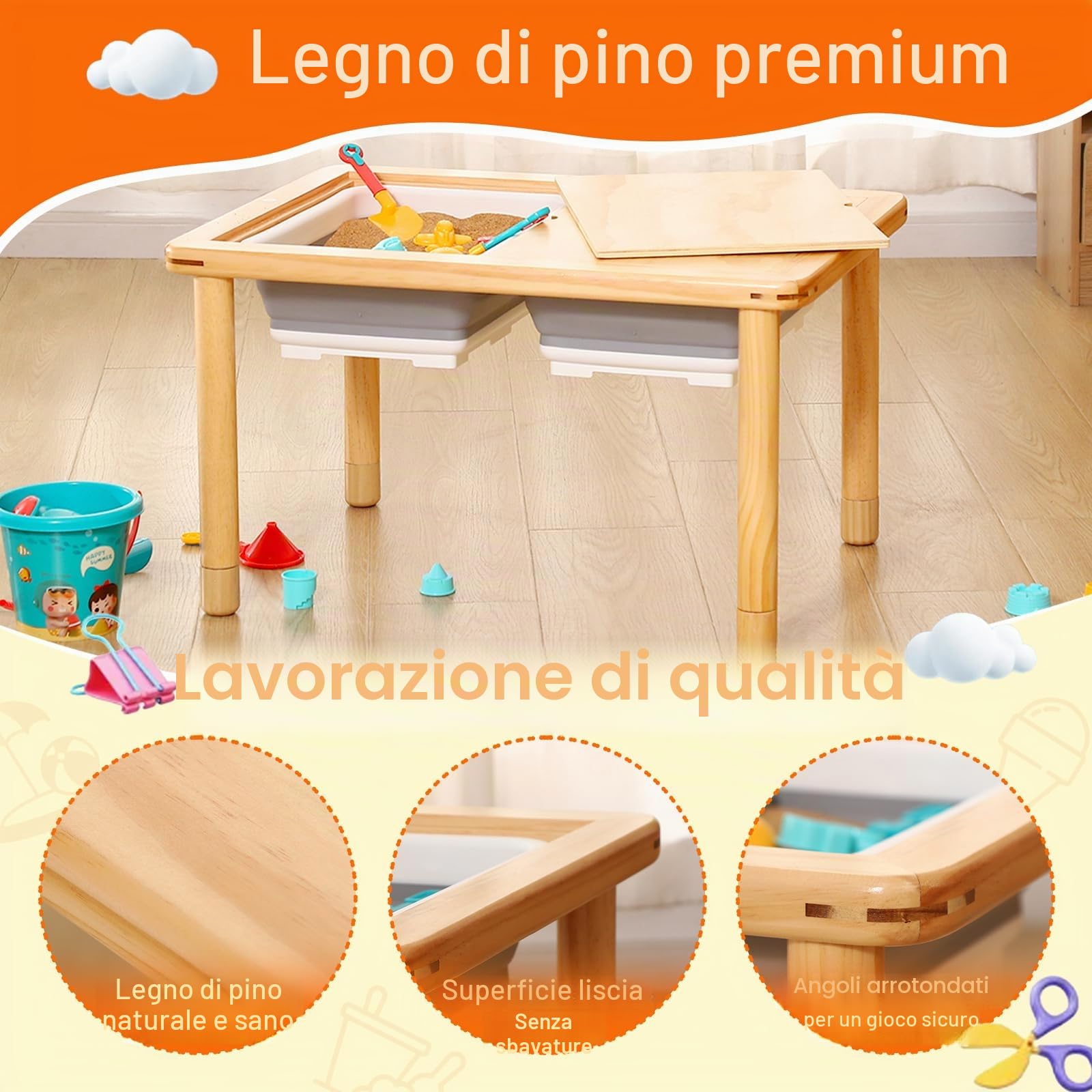 FUNLIO Tavolo sensoriale in Legno con 2 contenitori per Bambini da 1 a 5 Anni, Tavolo sensoriale per Bambini Regolabile in Altezza a 3 Livelli, Tavolo da Gioco per Sabbia e Acqua, Certificato CPC