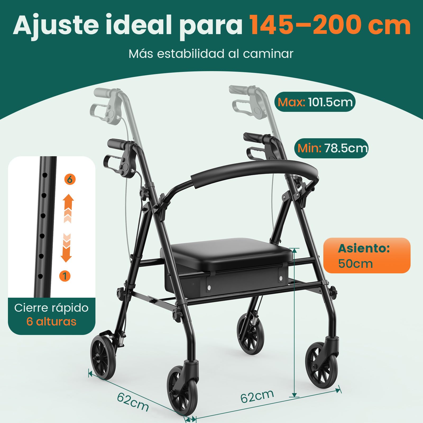 Andador Rollator con Asiento y Almacenamiento – Ayuda de Marcha Ligera y Plegable de 4 Ruedas para Adultos Mayores y Discapacitados, Uso Interior y Exterior, Negro