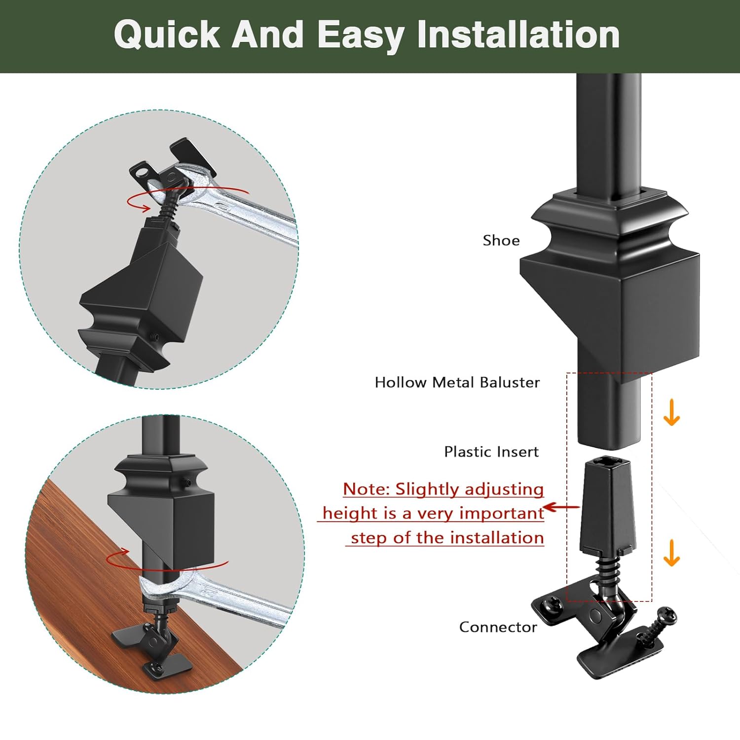 Baluster Screw Connectors, 30Pack Adjustable Height and Angle Stainless Steel Connectors with Angled Baluster Shoes for Easy Installation of 1/2" Deck Stair Hollow Metal Balusters