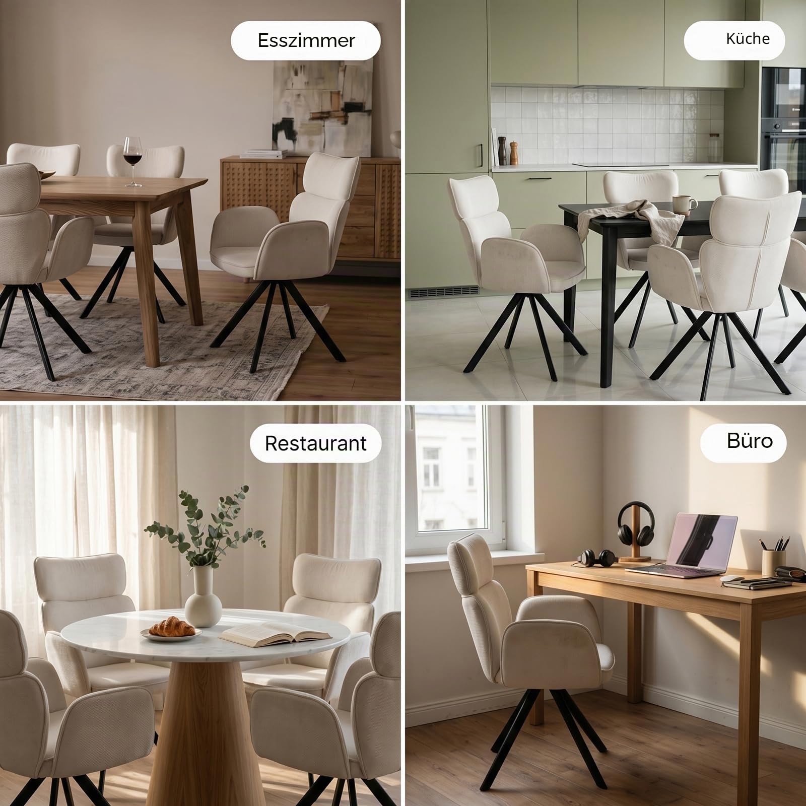 JIEXI Drehbar Esszimmerstuhl mit Armlehne, 180° Schwenkbar Hochlehner Polsterstuhl, Moderner Stoff Küchenstuhl mit Metallgestell, für Esszimmer Wohnzimmer Büro, Weiß/Beige