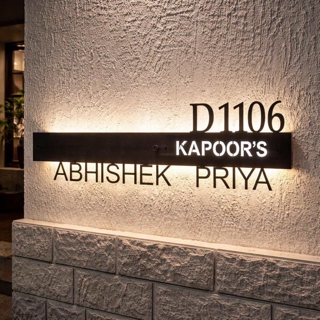 Custom LED Backlit Metal Name Plate for Home | Personalized Family Nameplate with House Number | Stainless Steel Wall Sign with Warm White Light | Indoor & Outdoor Door Nameplate (Aticle 02)-image-45