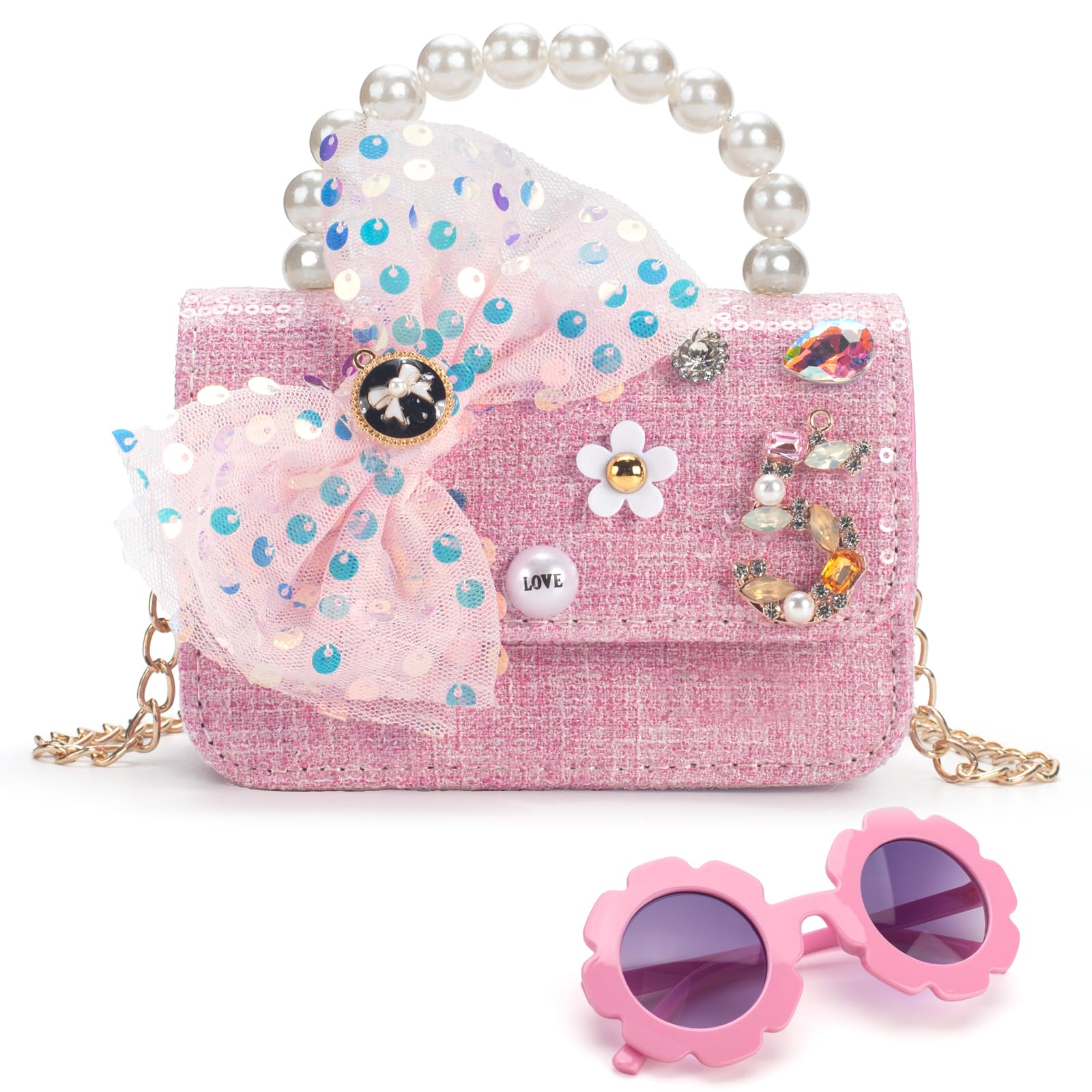 LJCTULY Little Girl Purse, Kids Crossbody Bag with Flower Sunglasses, Toddler Wallet Girls Handbags for Party Wedding Birthday Gift