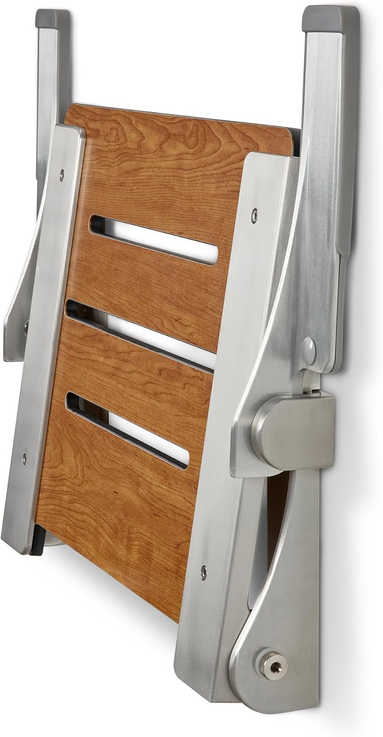 Seachrome Silhouette Comfort Folding Wall Mount Shower Bench Seat with Arms, Rustic Teak Seat with Silver Frame