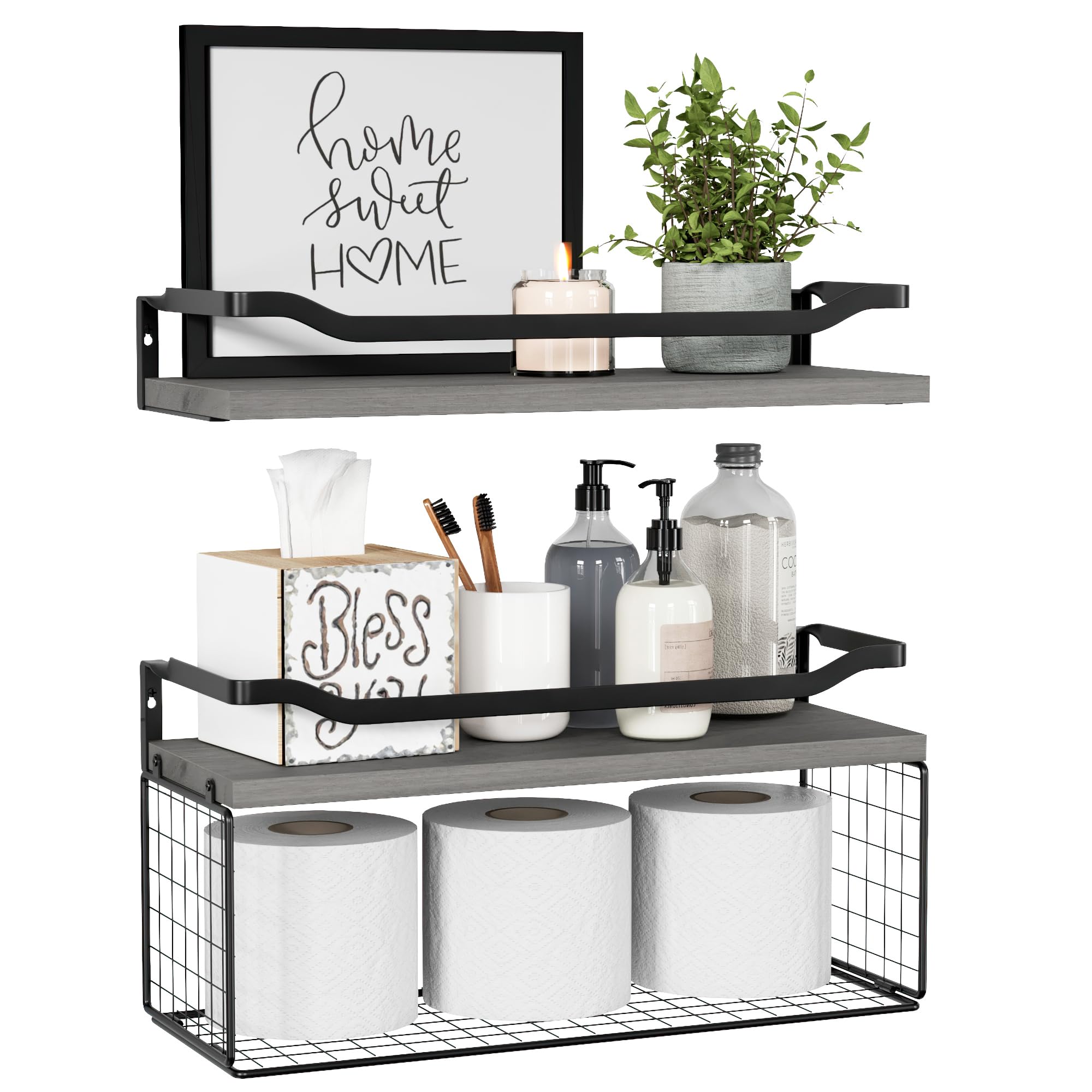 WOPITUES Floating Shelves with Wire Storage Basket, Bathroom Shelves Over Toilet with Protective Metal Guardrail, Wood Wall Shelves for Bathroom Organizers and Storage, Toilet Paper- Gray