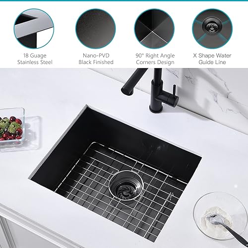Miniatura 4 de Fregadero de cocina negro de 21 x 16 x 9 pulgadas, calibre 18, de acero inoxidable, pequeño, para preparación de barra de cocina al aire libre, 21 x