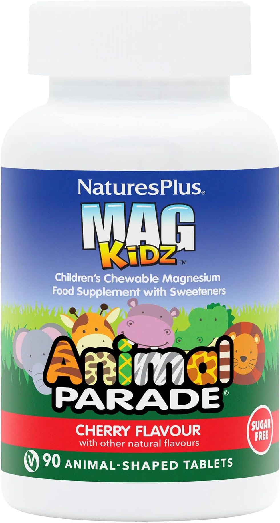 NaturesPlus Animal Parade MagKidz Children’s Magnesium Supplement - Natural Cherry Flavour, Teeth, Bones and Muscle Support - Gluten Free, Vegan - 90 Chewable Animal Shaped Tablets