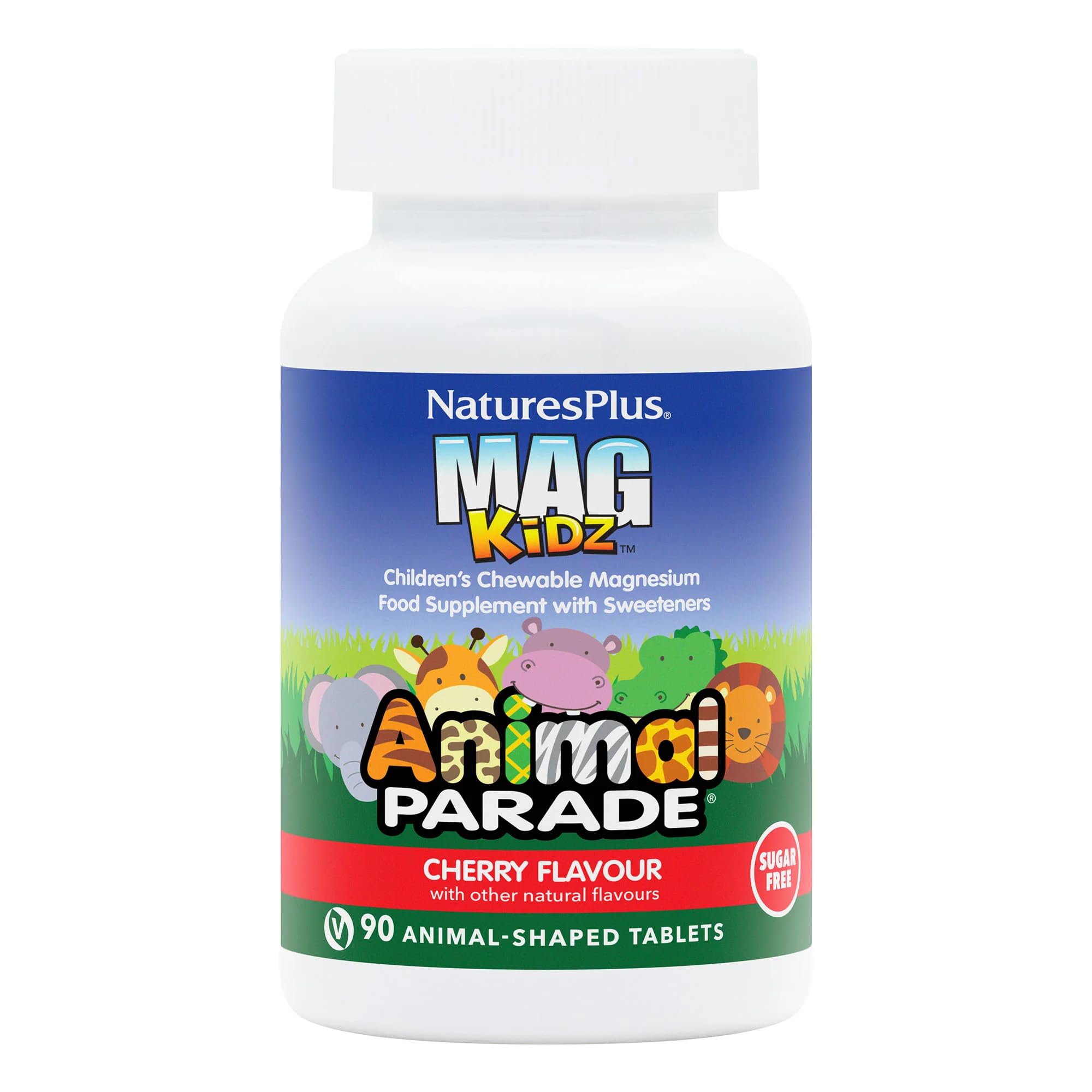 NaturesPlus Animal Parade MagKidz Children’s Magnesium Supplement - Natural Cherry Flavour, Teeth, Bones and Muscle Support - Gluten Free, Vegan - 90 Chewable Animal Shaped Tablets