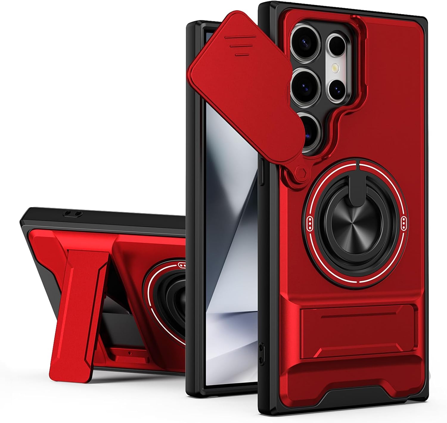 for Samsung Galaxy S24 Ultra Magnetic Kickstand Phone Case with Ring Stand, Sliding Camera Cover Military Armour Shockproof Case Compatible with MagSafe Wireless Charging Red