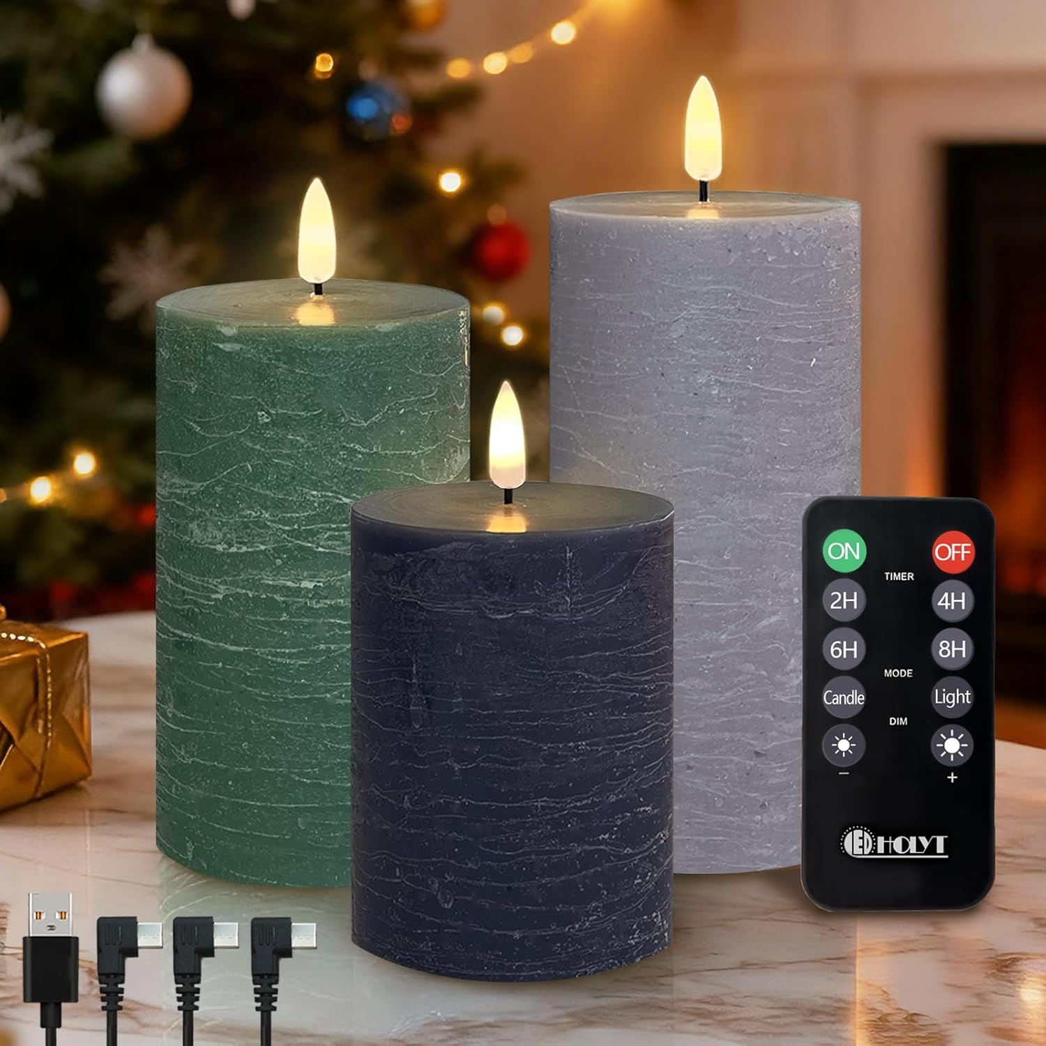 Rechargeable Flameless Glass Pillar Candles – Remote & Timer – Set of 3 White Stripes Realistic Flickering LED Light, Ideal for Living Room, Bedroom & Holiday Décor& Gifts for Women