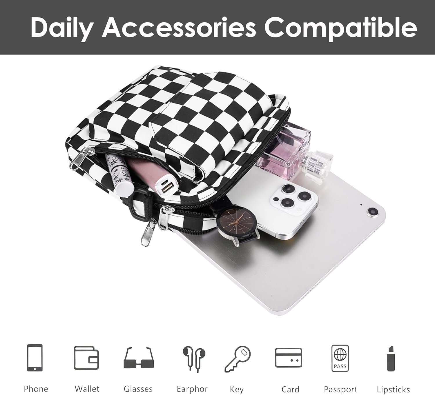 Mini Crossbody Messenger Bag for Women Men, Cute Nylon Shoulder Purse Bag with Detachable Frog Pendant, Checkered - Image 6