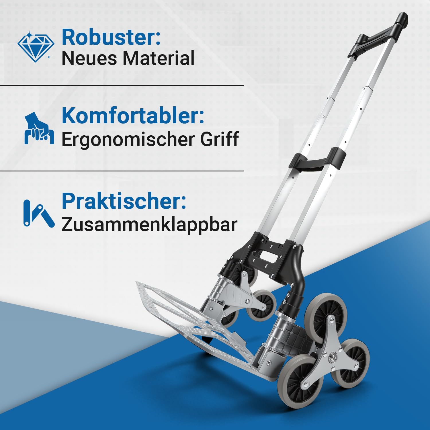 Treppensteiger - Carrello pieghevole fino a 70 kg, in alluminio | Carrello per scale con manico regolabile in altezza, superficie di carico antiscivolo, per lavori domestici e giardino