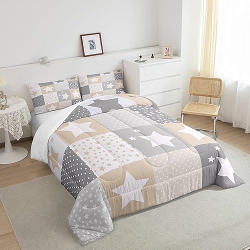 Miniatura 2 de Juego de edredón con patrón de estrellas marrón y gris, tamaño Queen, juego de ropa de cama de cielo estrellado de ensueño para niños y niñas,