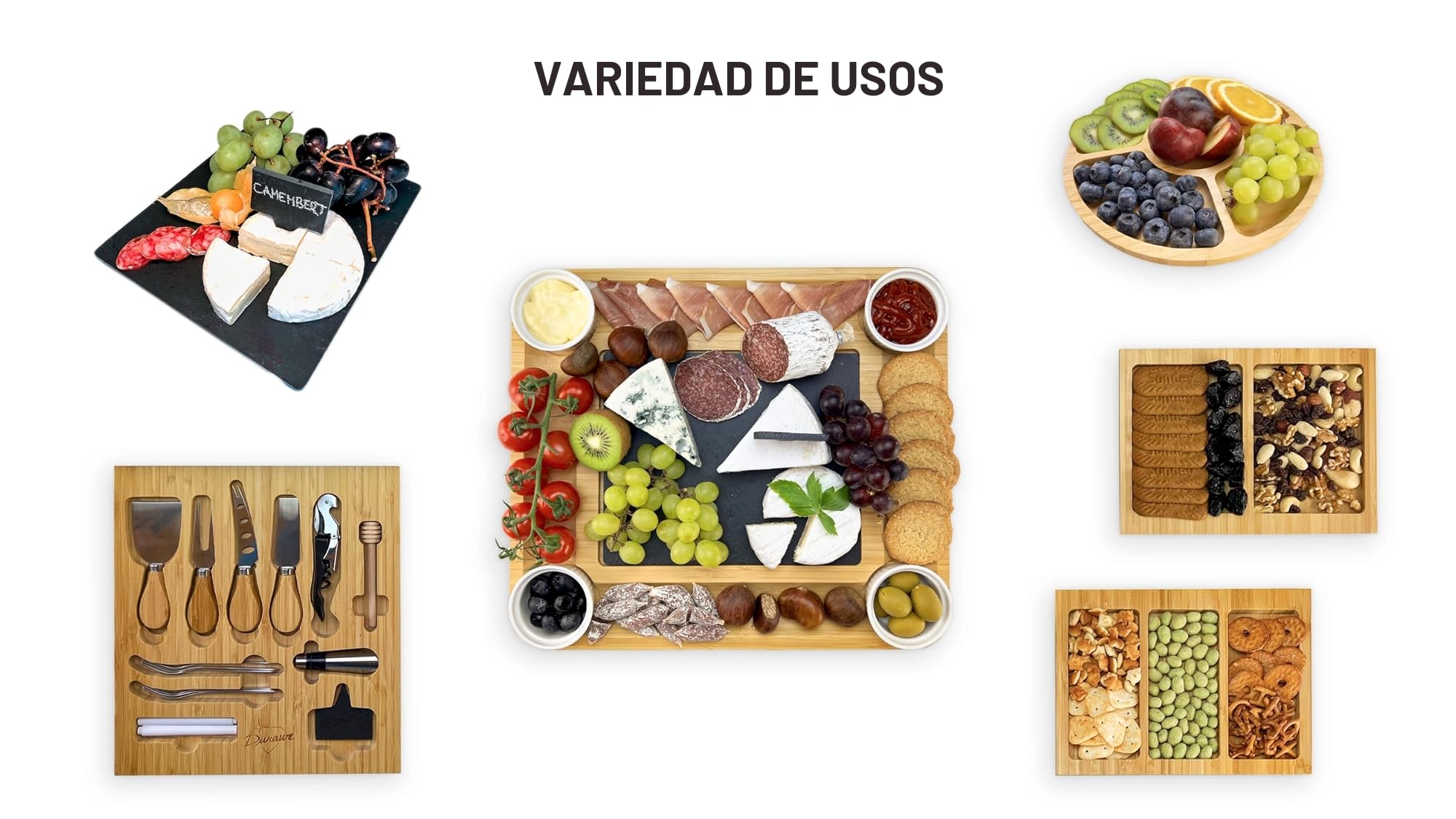 Set Tabla de Queso de Bambú y Cuchillos, Cuencos de Cerámica y Abrebotellas – Bandeja Queso 100% Madera Orgánica, Tabla Charcutería, Mujeres y Madres, Extra Grande