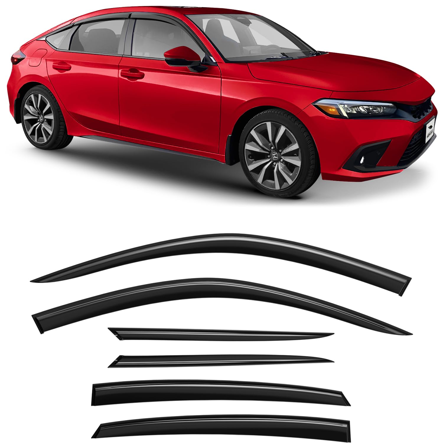 Tape-on Extra Durable Rain Guards for Honda Civic 2022-2025 Hatchback, Window Deflectors, Vent Window Visors, 6 Pieces - 100502