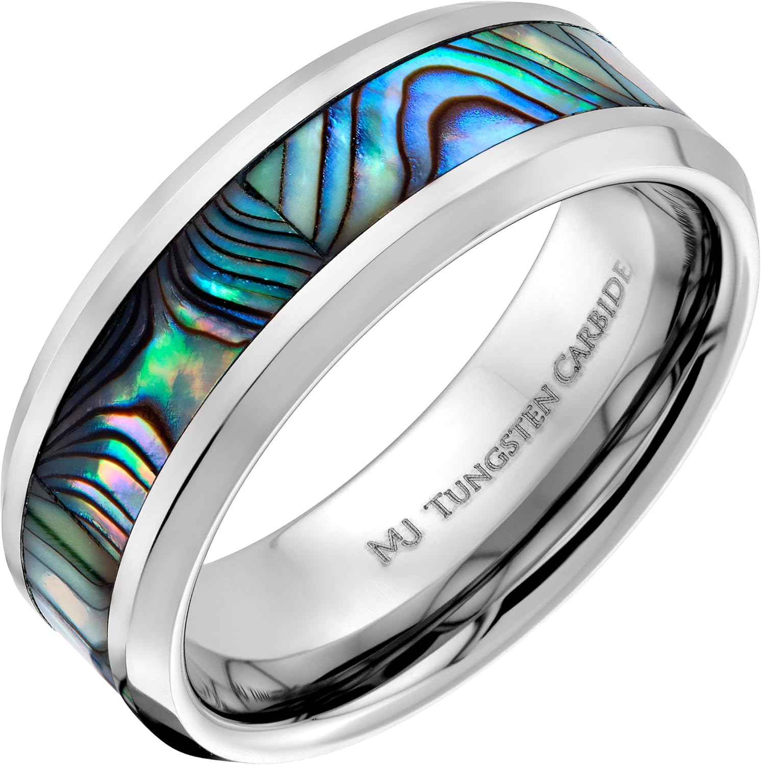 Tungsten Carbide 8mm Abalone Inlay with Recessed Edges Comfort Fit Wedding Band Polished Finish Ring